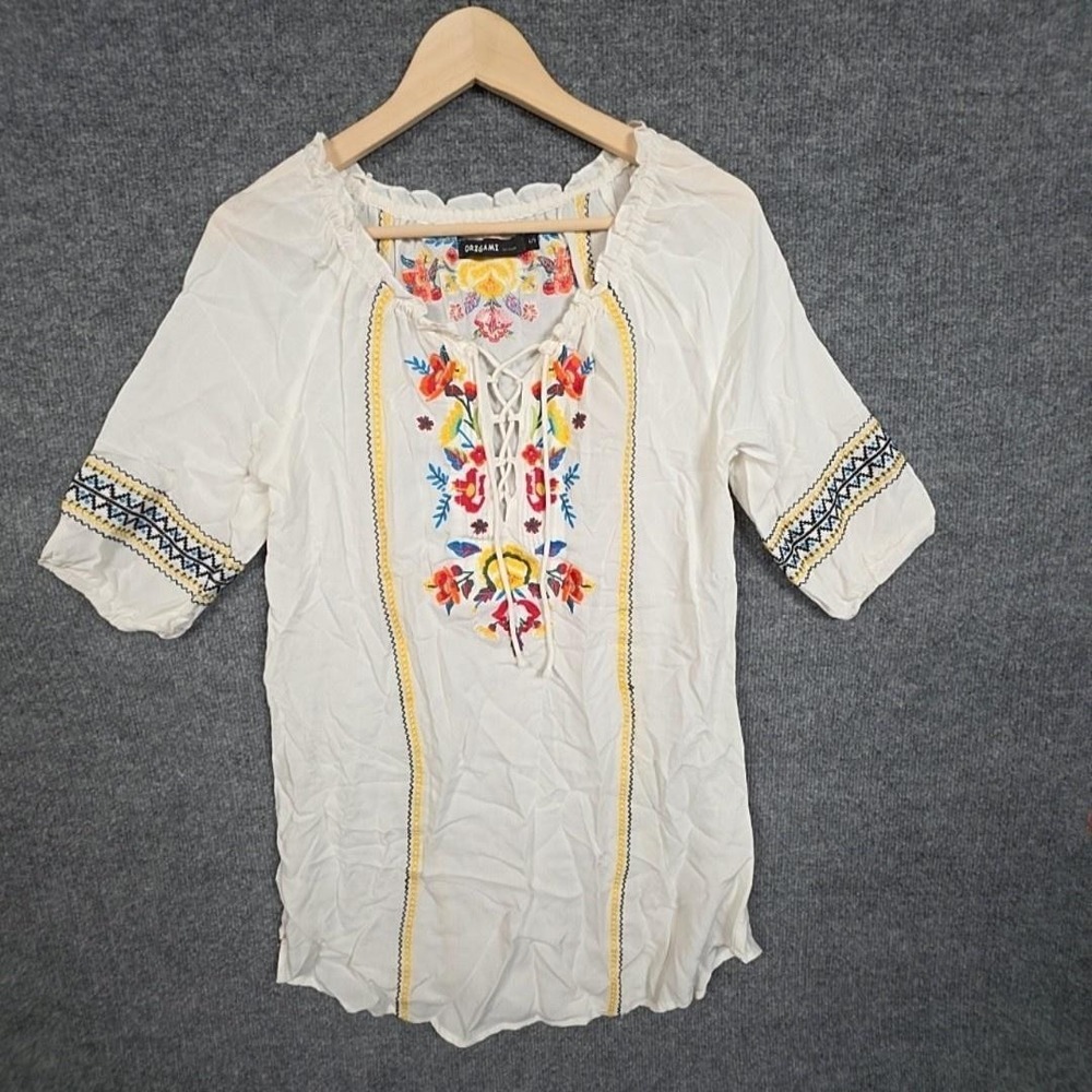 Origami Blouse Womens S White Embroidered Floral Lace‎ Up Peasant Tunic Top Boho